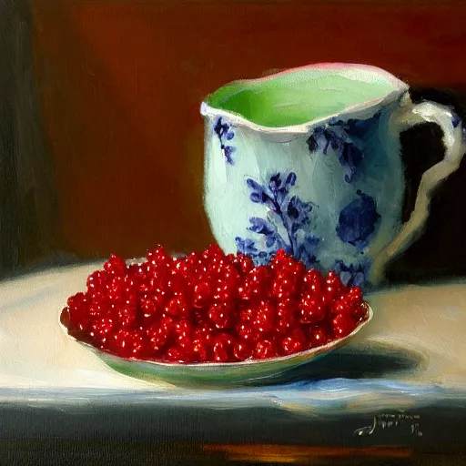 Image similar to a painting of a bowl of berries and a cup of tea, a still life by juliette wytsman, featured on deviantart, american impressionism, rich color palette, acrylic on canvas