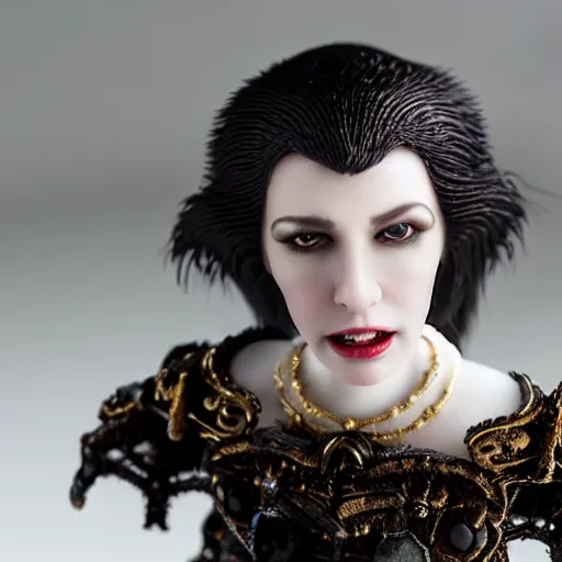 Prompt: photo taken of an epic intricate, ultra detailed, super realistic stop motion puppet of a majestic gracious regal aristocratic brunette female vampire created by weta workshop, menacing, wide angle, full body shots, photorealistic, sharp focus, white wall, extremely cold blueish colour temperature, 3 5 mm, f 1. 4, golden ratio