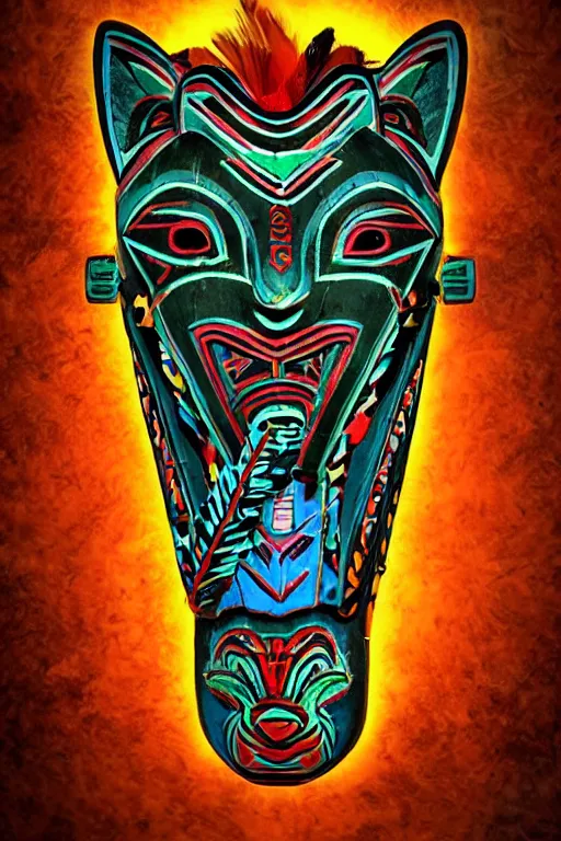 Image similar to totem animal tribal chaman vodoo mask feather gemstone plant video game illustration vivid color borderlands and by feng zhu radiating a glowing aura