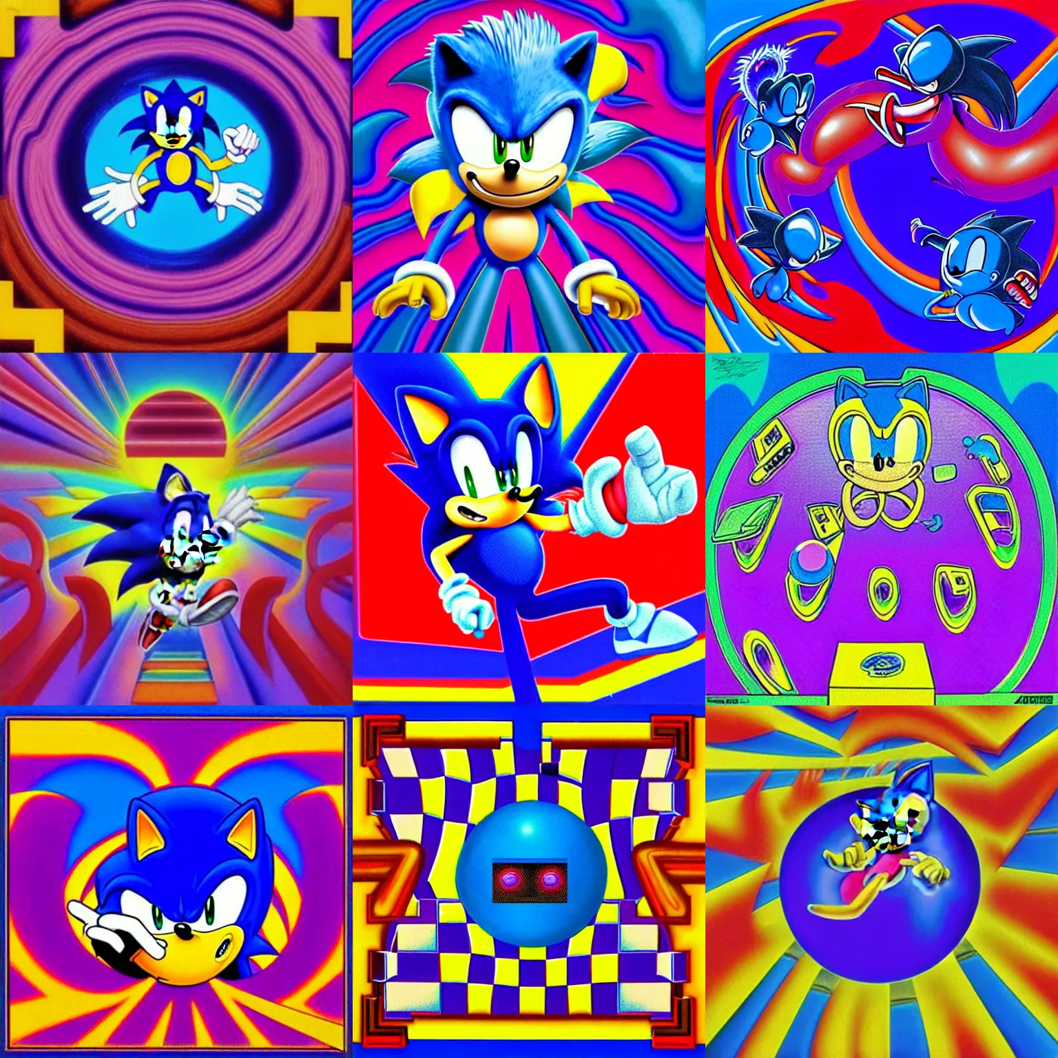 Prompt: surreal, sharp, lowbrow, detailed professional, high quality airbrush art mgmt sonic the hedgehog album cover of a liquid dissolving lsd dmt blue sonic the hedgehog falling through a mirror ocean, purple checkerboard background, 1 9 9 0 s 1 9 9 2 acid house techno sega genesis video game album cover
