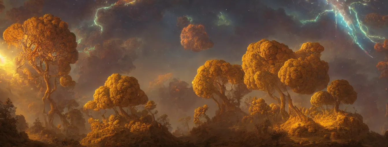 Prompt: a beautiful landscape painting of steampunk landscape, a junk nebula in the sky, galaxies visible, giant trees and colourful flowers, by jean - honore fragonard and don bluth and makoto shinkai, light rays, trending on artstation, octane render