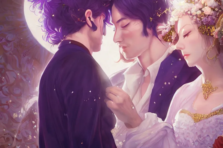 Image similar to a cinematic portrait of wedding photograph jpeg close up moment of a divine a japan sun god and moon goddess lovers magician at a wedding banquet. portraiture. digital painting. artstation. concept art. wedding photo. digital painting. violet evergarden art masterpiece by art by krenz cushart