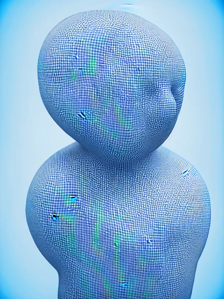 Prompt: a fine art photograph formal self sculpture by the artist kelbv, in distinct hyper realistic style with tubes neatly navigating the contours of his body, and fragmented body littered with light blue and white gingham spheroids, perfect bright studio lighting.