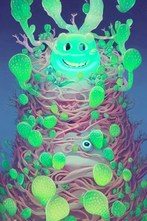 Image similar to roots cactus sushi cristal smurf ghost creature animal sushi cristal very big eye roots cactus elemental flush of force nature micro world fluo fishscale, behance hd by jesper ejsing, by rhads, makoto shinkai and lois van baarle, ilya kuvshinov, rossdraws radiating a glowing aura global illumination ray tracing hdr