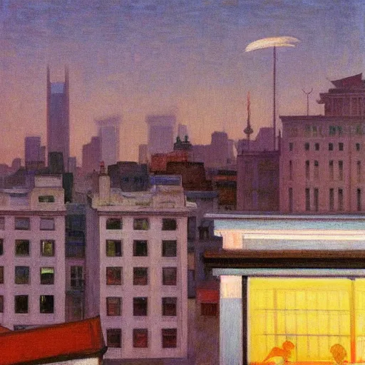 Prompt: a small rooftop with company of people sitting, shanghai bund is on the background, night, by edward hopper