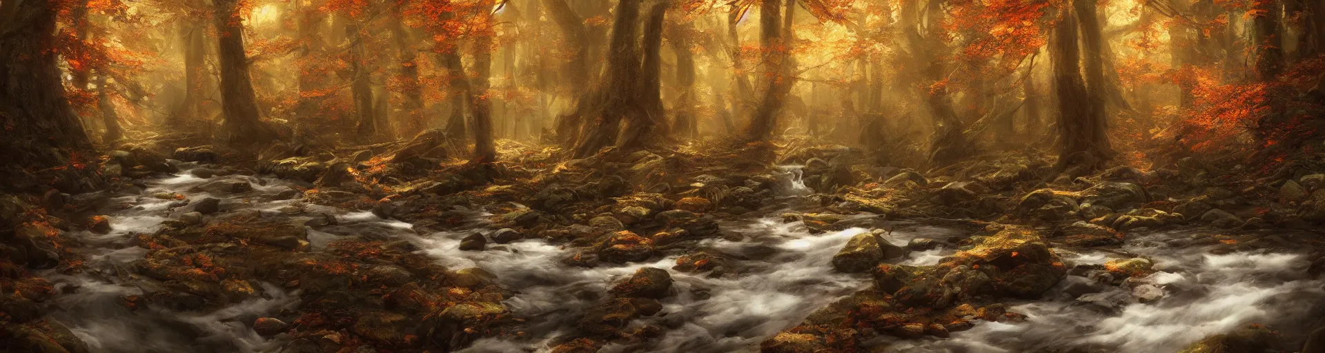 Image similar to stream flowing through autumnal forest, d & d, fantasy, portrait, highly detailed, digital painting, trending on artstation, concept art, sharp focus, illustration, art by artgerm and greg rutkowski and magali villeneuve