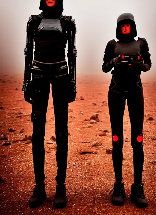 Image similar to cinestill 5 0 d photographic portrait of two loving female androids wearing rugged black techwear on a desolate plain with a red sky, extreme closeup, lizard on ground, cyberpunk style, in front of a brutalist dark metal facility, dust storm, 8 k, hd, high resolution, 3 5 mm, f / 3 2, ultra realistic faces