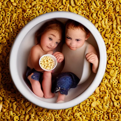 Prompt: “small people swimming in a bowl of milk and a few Cheerios, food photography”