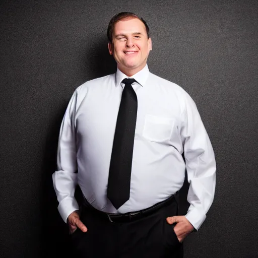 Prompt: clean - shaven portly white man wearing a crisp white dress shirt, necktie, black trousers, and black shoes. he looks very happy. studio background, studio lighting.