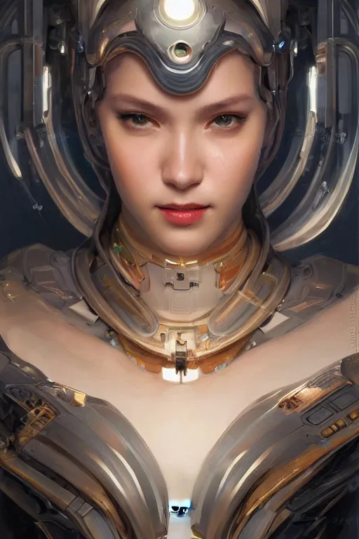 Image similar to Portrait of beautiful smiling Ultra realistic illustration, beautiful alluring female cyborg, cyberpunk, sci-fi, fantasy, intricate, elegant, highly detailed, digital painting, artstation, concept art, smooth, sharp focus, illustration, art by Yintion J , Jiang Geping and artgerm and greg rutkowski and alphonse mucha.