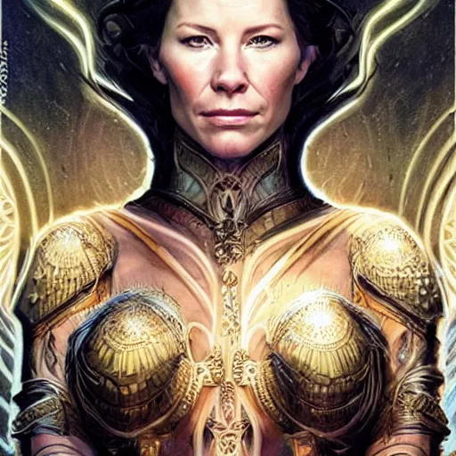 Image similar to evangeline Lilly as a priestess performing a miracle, symmetrical, smooth, sharp focus, art by magali villeneuve, concept art