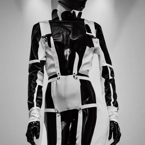 Image similar to fashion photography of an extraterrestrial model, with white eyes, wearing demobaza fashion, inside berghain, berlin fashion, harness, futuristic fashion, dark minimal outfit, photo 3 5 mm leica, hyperdetail, berghain, 8 k, very detailed, photo by nick knight