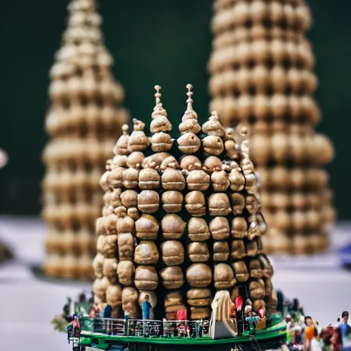 Image similar to macro photo of a miniature secret hidden world with tiny buildings and people inside of a croquembouche