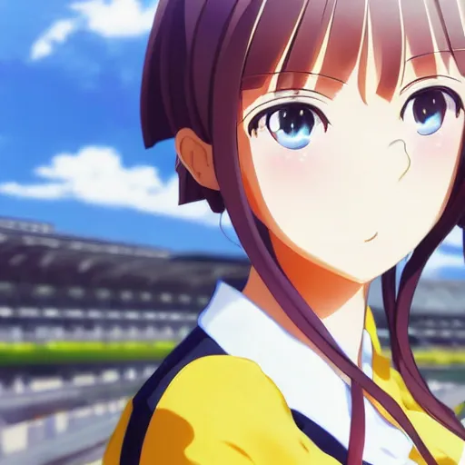 Image similar to a high detail portrait of high school girl by makoto sinkai, kyoto animation, kawaii, full body, in simple background, CLIP STADIO, mad painting