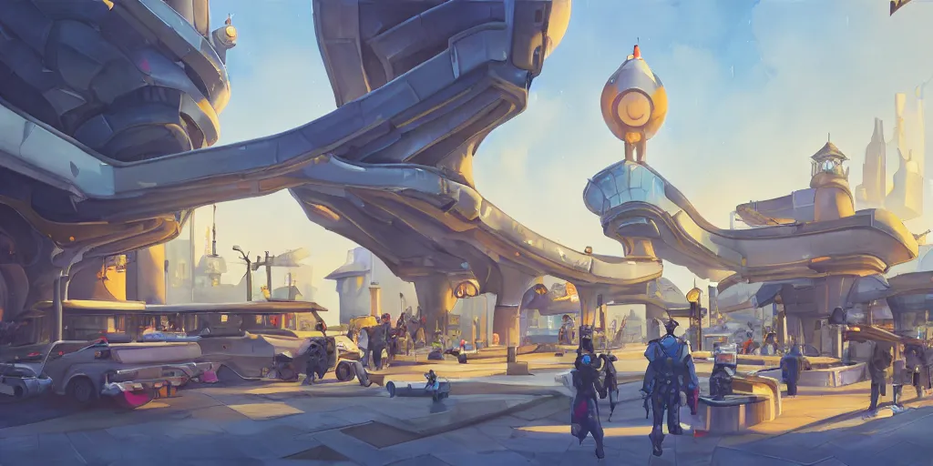 Image similar to overwatch building, stylized, exterior, architecture, in watercolor gouache detailed paintings, insanely detail, artstation, 8 k, futuristic, big medium small, arcane, simon stalenhag, food stall, interesting shapes & form, golden ratio, megastructures, vitaly bulgarov, mall, jungle, environment, nature, zaha hadid