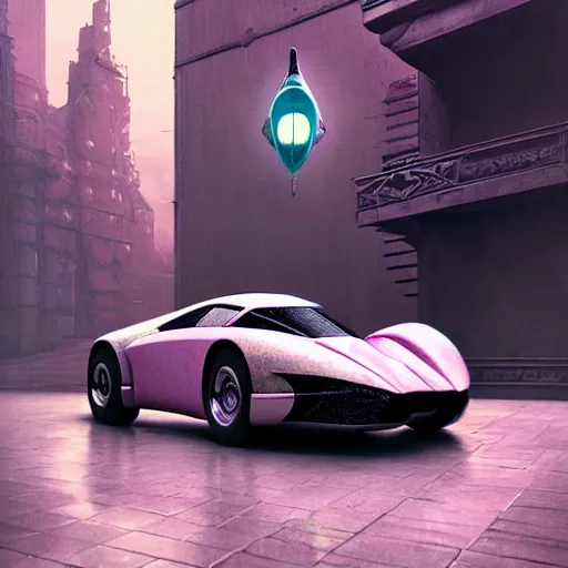 Image similar to cyborg cyber vintage supercar slick, pastel tones : by michal karcz, daniel merriam, victo ngai and guillermo del toro : ornate, dynamic, particulate, intricate, elegant, highly detailed, centered, artstation, smooth, sharp focus, octane render