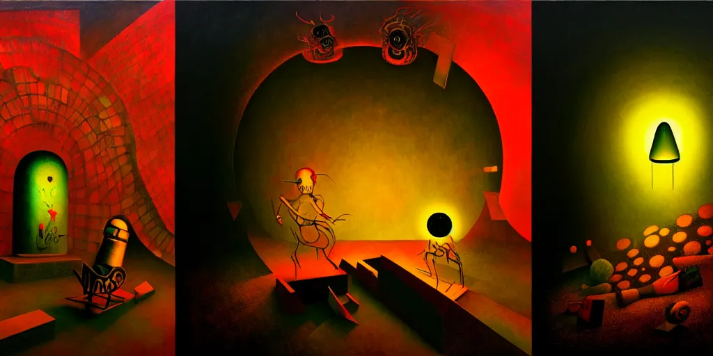 Prompt: hedonic treadmill, dark uncanny surreal painting by ronny khalil, shaun tan, and kandinsky, dramatic lighting from fire glow, mouth of hell, ixions wheel