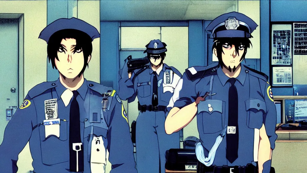 Image similar to a cop wearing a blue skunk mask standing in a police station, anime film still from the an anime directed by Katsuhiro Otomo with art direction by Salvador Dalí, wide lens