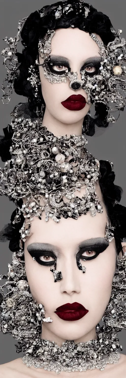 Prompt: a photograph of a woman with dark make-up around her eyes and red lipstick with slicked-back black hair wearing an outrageous Alexander McQueen mesh face jewelry across her face, encrusted with hanging beads and diamonds, haute couture, high fashion, Eiko Ishioka