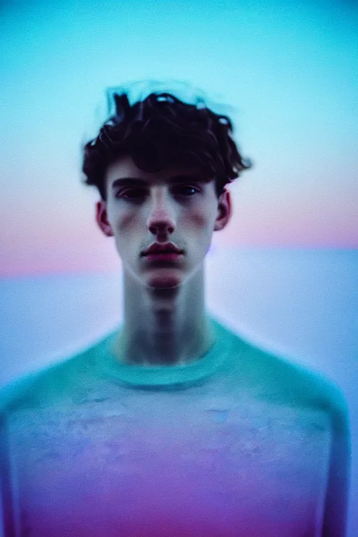 Image similar to high quality pastel coloured film mid angle selfie photograph of a beautiful young 2 0 year old male, soft features, black hair, standing in an icelandic black rock environment. atmospheric. three point light. photographic. art directed. ( pastel colours ). volumetric light. sheen. waves glitch. 8 k. filmic.