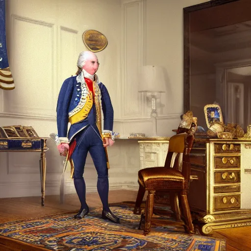 Image similar to a closeup photorealistic photograph of a happy George Washington inspecting small gold Doubloon coins at his home on Cherry Street. This 4K HD image is Trending on Artstation, featured on Behance, well-rendered, extra crisp, features intricate detail and the style of Unreal Engine.