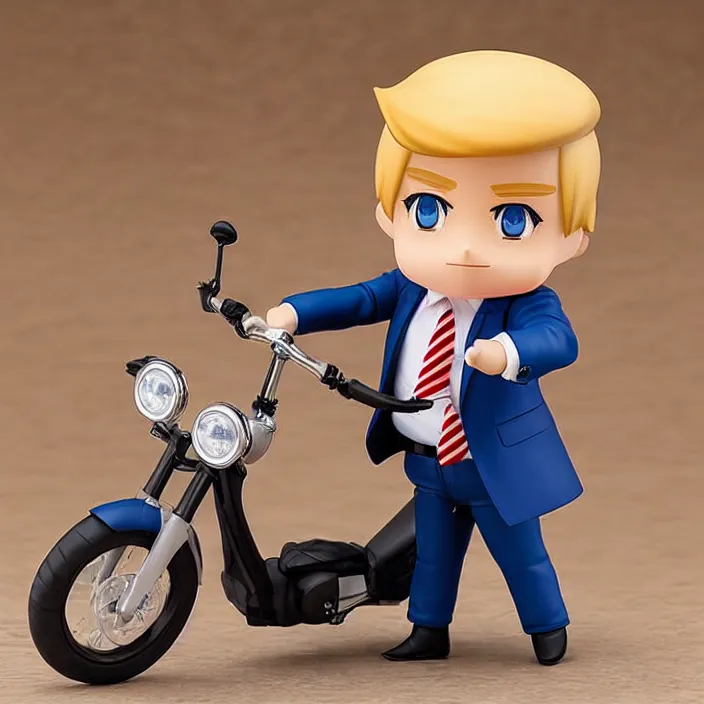 Prompt: donald trump, an anime nendoroid of donald trump riding a bike, figurine, detailed product photo