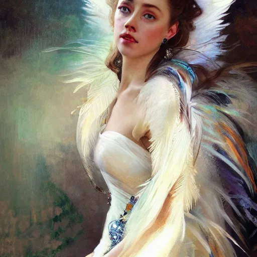 Image similar to hyperrealistic portrait of a woman as amber heard as the winter witch wearing white swan dress long feathers and sapphire jewellery by jeremy mann and alphonse mucha, fantasy art, photo realistic, dynamic lighting, artstation, poster, volumetric lighting, very detailed faces, 4 k, award winning