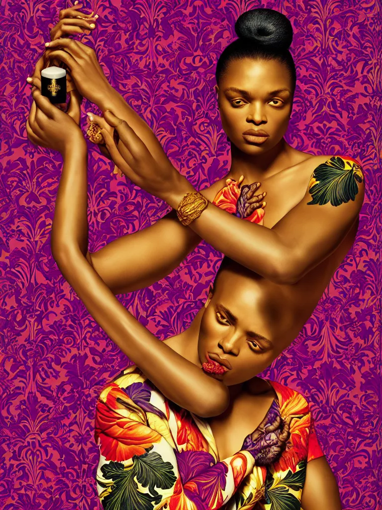 Prompt: fragrance advertising campaign by kehinde wiley, highly detailed, intricate, saturated colors