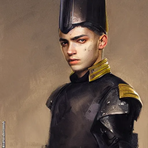 Image similar to Medium closeup young idealistic and pious male Imperial soldier wearing a black tabard with light yellow accents over a gambeson and a steel open helm, by Raymond Swanland Greg Rutkowski Lise Deharm, {perfect face}, {perfect eyes}