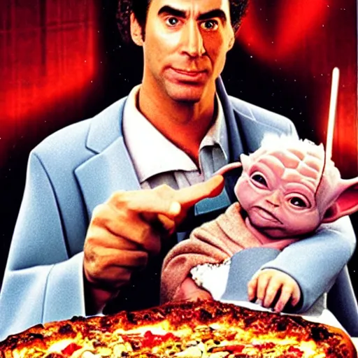 Image similar to cosmo Kramer from Seinfeld holding baby Yoda inside of a pizza hut, realistic, unreal, cinematic