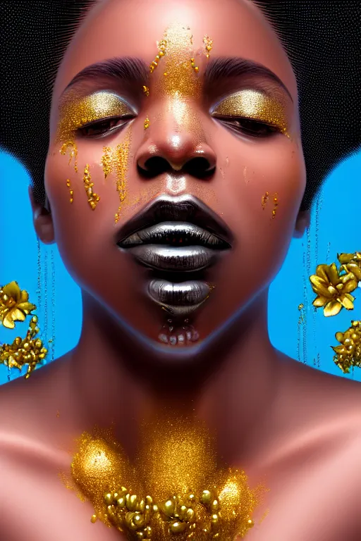 Prompt: hyperrealistic precisionist cinematic profile very expressive! black oshun goddess, in water! up to shoulders, mirror dripping droplet!, gold flowers, highly detailed face, digital art masterpiece, smooth eric zener cam de leon, dramatic pearlescent turquoise light on one side, shutter priority low angle uhd 8 k, shallow depth of field