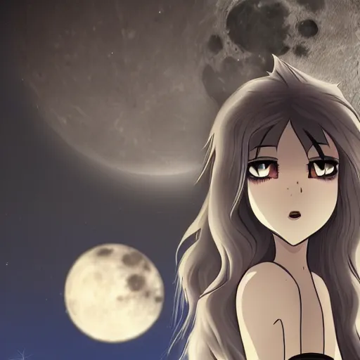 Prompt: female werewolf at night with black realistic fur, under the moon, ultra detail, anime style, 8 k