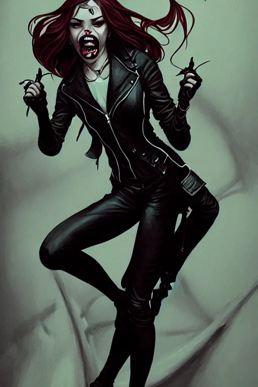 Image similar to rafael albuquerque comic art, art nouveau, peter mohrbacher, artgerm, pretty anya taylor - joy vampire sharp vampire teeth open mouth, black leather jacket, jeans, long blonde hair, full body