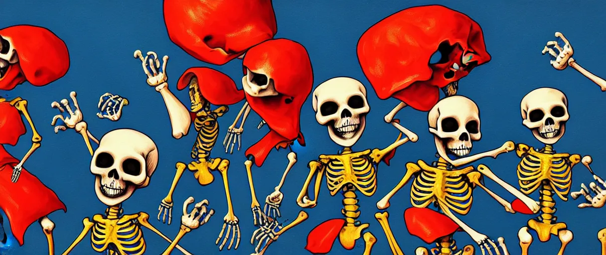 Prompt: hyperrealistic popart very cute milticolored medieval skeletons dancing jason limon digital painting dramatic blue lighting wide angle hd 8k sharp shallow depth of field