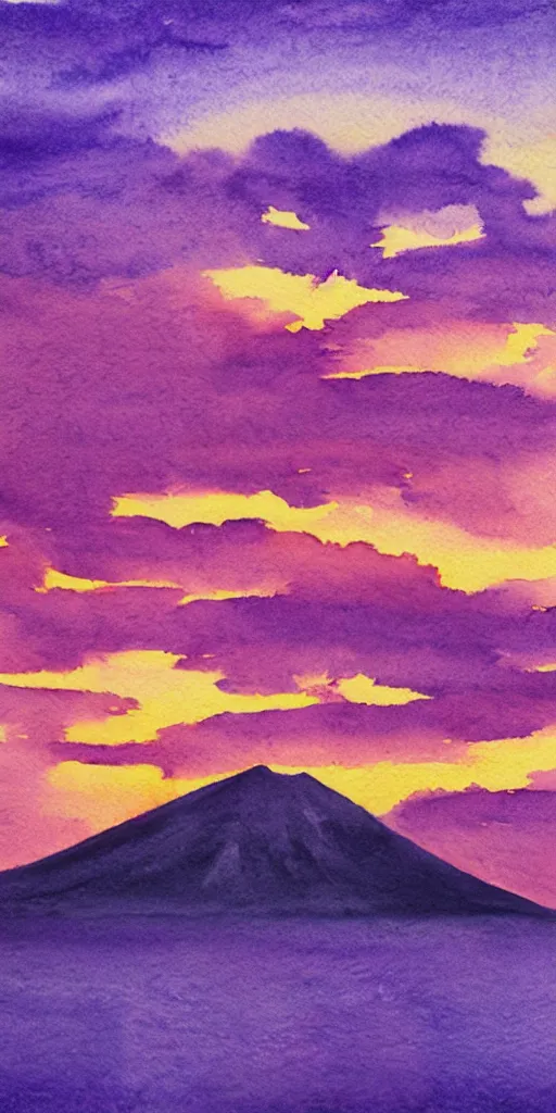 Prompt: a realist watercolor painting of the sun setting over a vulcano across the sea, beautiful purple clouds in the sky, in the style of joseph zbukvic