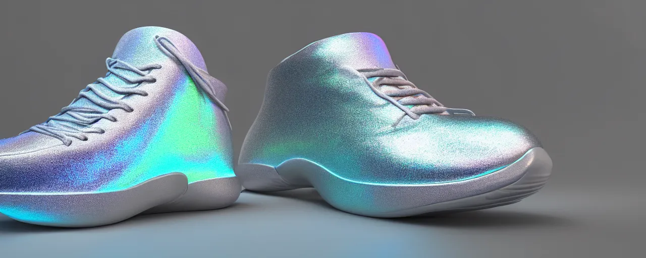 Image similar to a hight tech, iridescent sneaker made by kayne, octane render, high details, soft light