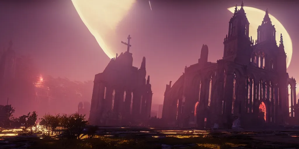 Image similar to symmetrical, centered composition, ancient church with red shafts of light in destiny 2, foggy, liminal, dark, dystopian, beautiful architecture, abandoned, highly detailed 4 k destiny 2 expansion key art wallpaper