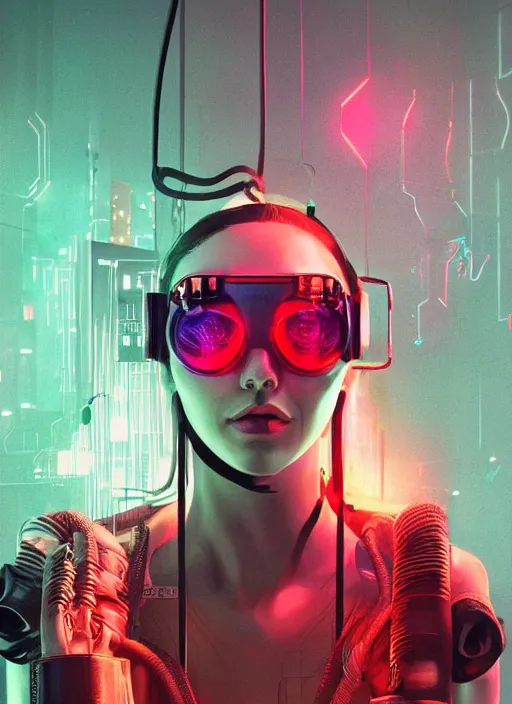 Image similar to portrait of a woman in wires and cyberpunk goggles on her head in a server room in color smoke, symmetrical, art by maciej kuciara, trending on artstation, futurism, dystopian art, 8 k