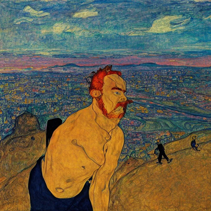 Prompt: fierce man with golden mustache carrying a boulder on his back on a hill, looking at the toxic industrial city with dark smoke and smog. sun setting through the clouds, vivid iridescent colors. munch, egon schiele, henri de toulouse - lautrec, utamaro, monet