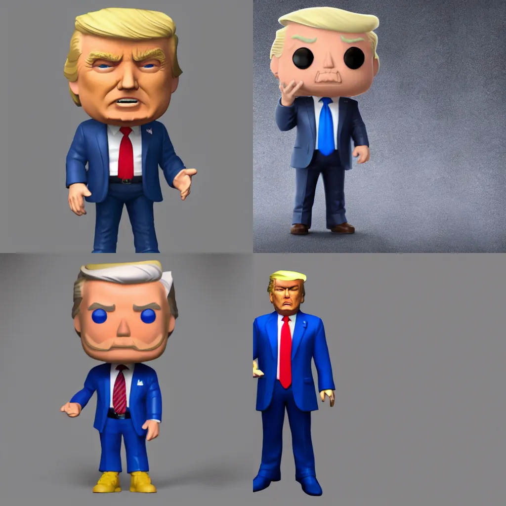 Prompt: full body 3d render of donald trump as a funko pop!, studio lighting, grey background, blue suit, single person, no shadow, blender, trending on artstation, 8k, highly detailed