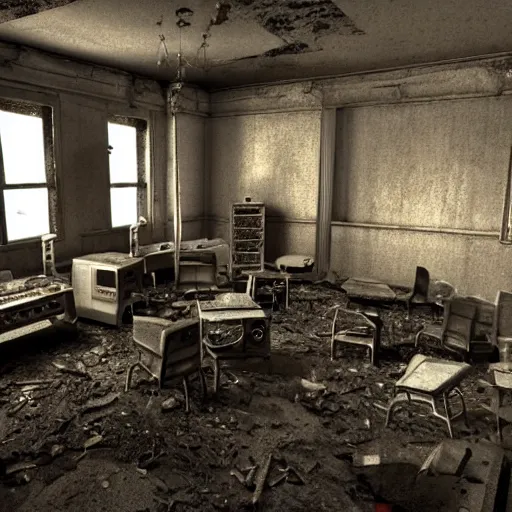 Prompt: An abandoned room with old computers. This place is really scary. There are spiders and an old hacker in the room Highly detailed. 8k. Fantasy horror