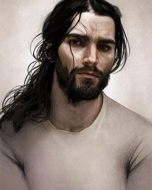 Prompt: portrait of tall, 3 3 - year - old handsome man with long dirty black hair, and ice grey eyes, wearing black clothes, no beard, hyper realistic face, beautiful eyes, close up, fantasy art, in the style of greg rutkowski, intricate, alphonse mucha, hyper detailed, smooth