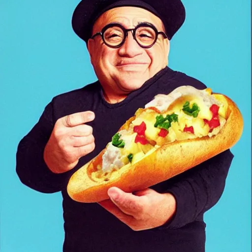 Image similar to 1990s McDonald's advertisement for a baby seal disguised as a loaded baked potato with Danny DeVito