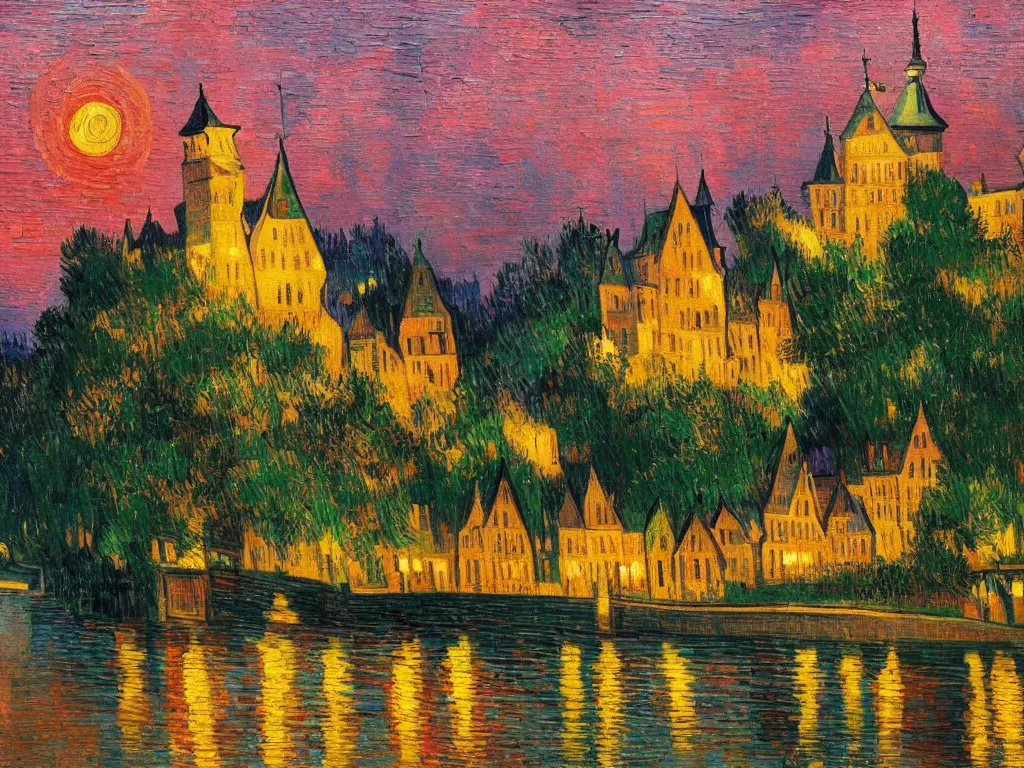 Image similar to trending on artstation, a beautiful German castle next to a river during sunset, oil on canvas, in the style of Vincent van Gogh