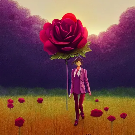 Prompt: portrait, giant rose flower head, girl walking in a suit, surreal photography, sunrise, blue sky, dramatic light, impressionist painting, digital painting, artstation, simon stalenhag