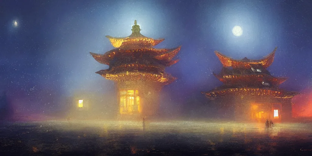Prompt: on a misty starry night, a giant glowing butterfly inhabits an ancient china shanxi building above the ocean, by craig mullins