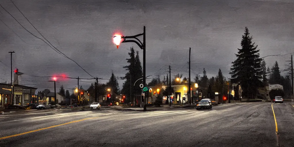 Image similar to painterly, messy, ominous landscape of north bend, washington main street, dark, lonely stop light glowing, twin peaks, lone dark figure