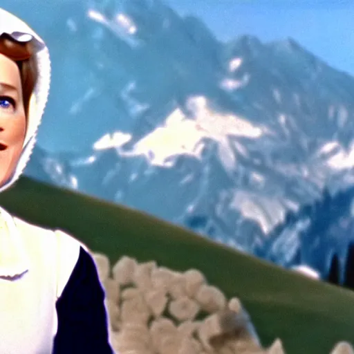 Image similar to julie andrews in a white cat costume, austria, film still, sound of music, 4 k, 8 k