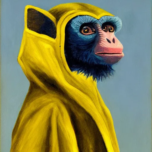 Image similar to long - eared monkey - crow creature wearing a raincoat, tonalist painting, prussian blue and azo yellow, dramatic lighting