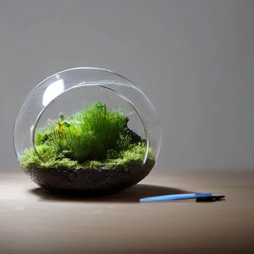 Image similar to a terrarium with nuclear reaction having meltdown, on top of a minimalist table, lit from the side
